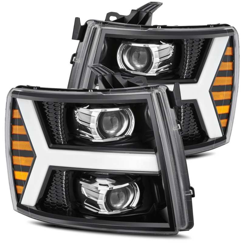 AlphaRex 07-13 Chevy 1500 LUXX LED Proj Headlights Plank Style Jet Blk w/ Activ Light/Seq Signal/DRL - Lights