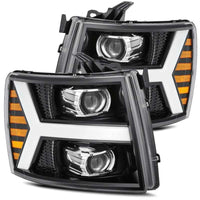 AlphaRex 07-13 Chevy 1500 LUXX LED Proj Headlights Plank Style Jet Blk w/ Activ Light/Seq Signal/DRL - Lights