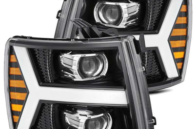AlphaRex 07-13 Chevy 1500 LUXX LED Proj Headlights Plank Style Jet Blk w/ Activ Light/Seq Signal/DRL - Lights