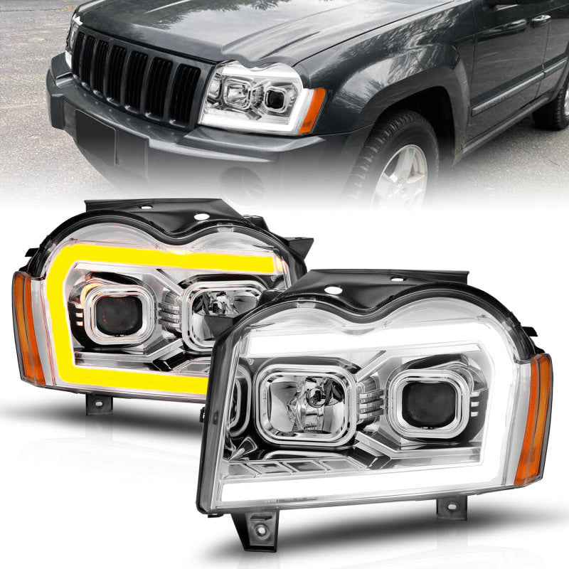 ANZO 05-07 Jeep Grand Cherokee Projector Headlights - w/ Light Bar Switchback Chrome Housing - Lights