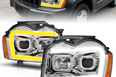 ANZO 05-07 Jeep Grand Cherokee Projector Headlights - w/ Light Bar Switchback Chrome Housing - Lights