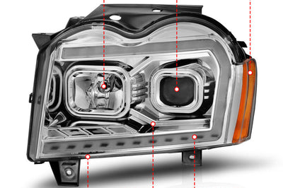 ANZO 05-07 Jeep Grand Cherokee Projector Headlights - w/ Light Bar Switchback Chrome Housing - Lights
