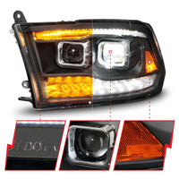 ANZO 09-18 Dodge Ram 1500/2500/3500 Full LED Proj Headlights w/Switchback Light Bar - Black - Lights
