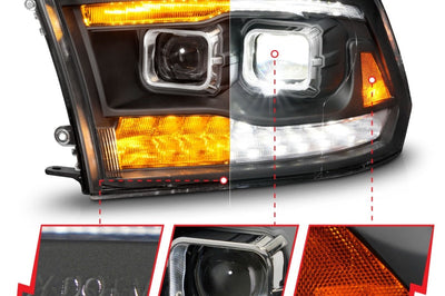 ANZO 09-18 Dodge Ram 1500/2500/3500 Full LED Proj Headlights w/Switchback Light Bar - Black - Lights