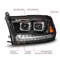 ANZO 09-18 Dodge Ram 1500/2500/3500 Full LED Proj Headlights w/Switchback Light Bar - Black - Lights