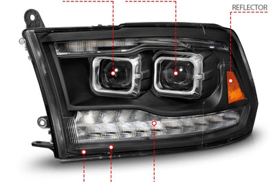 ANZO 09-18 Dodge Ram 1500/2500/3500 Full LED Proj Headlights w/Switchback Light Bar - Black - Lights