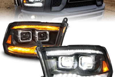 ANZO 09-18 Dodge Ram 1500/2500/3500 Full LED Proj Headlights w/Switchback Light Bar - Black - Lights