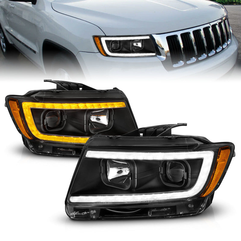 ANZO 11-13 Jeep Grand Cherokee (Factory Halogen Only) Projector Headlights w/Light Bar Swtchbk Black - Lights