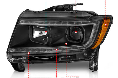 ANZO 11-13 Jeep Grand Cherokee (Factory Halogen Only) Projector Headlights w/Light Bar Swtchbk Black - Lights