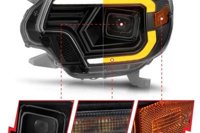 ANZO 12-15 Toyota Tacoma Projector Headlights - w/ Light Bar Switchback Black Housing - Lights
