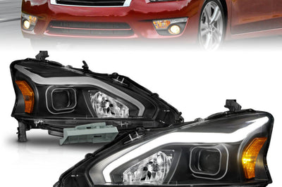 ANZO 13-15 Nissan Altima (w/o Factory HID Bulbs) Projector Headlights - w/ Light Bar Black Housing - Lights