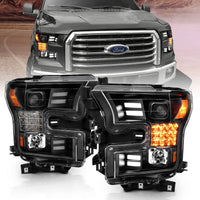 ANZO 15-17 Ford F-150 Project Headlights w/ Plank Style Design Black Amber Sequential Turn Signal - Lights
