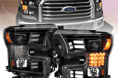 ANZO 15-17 Ford F-150 Project Headlights w/ Plank Style Design Black Amber Sequential Turn Signal - Lights