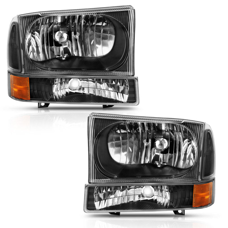 ANZO 2000-2004 Ford Excursion Crystal Headlight w/ Corner Light Black Amber (w/o Bulb) - Lights