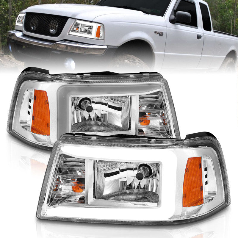 ANZO 2001-2011 Ford Ranger Crystal Headlights w/ Light Bar Chrome Housing - Lights