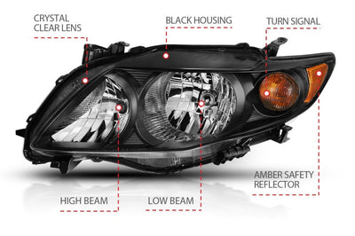 ANZO 2009-2010 Toyota Corolla Crystal Headlight Black Amber - Lights