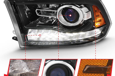 ANZO 2009-2018 Dodge Ram 1500 Projector Plank Style Switchback H.L Halo Black Amber (OE Style) - Lights
