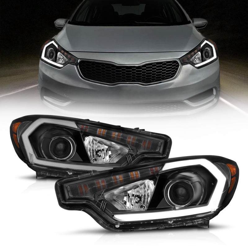 ANZO 2014-2016 Kia Forte Projector Headlights w/ Light Bar Black Housing DRL - Lights
