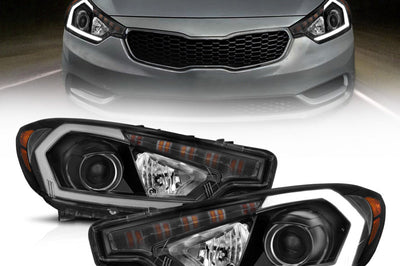 ANZO 2014-2016 Kia Forte Projector Headlights w/ Light Bar Black Housing DRL - Lights