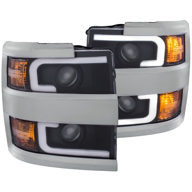ANZO 2015-2016 Chevrolet Silverado Projector Headlights w/ Plank Style Design Black Amber - Lights