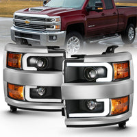 ANZO 2015-2016 Chevrolet Silverado Projector Headlights w/ Plank Style Design Black Amber - Lights