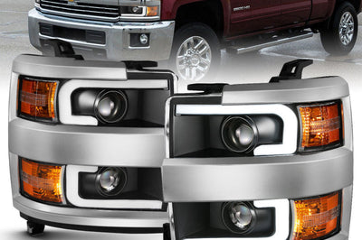 ANZO 2015-2016 Chevrolet Silverado Projector Headlights w/ Plank Style Design Black Amber - Lights