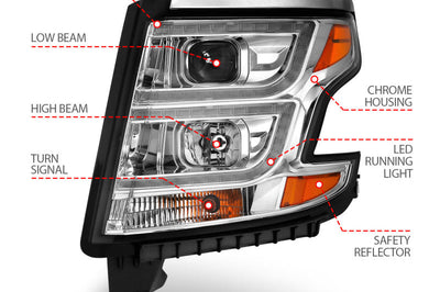 ANZO 2015-2020 Chevy Tahoe Projector Headlights Plank Style Chrome w/DRL - Lights
