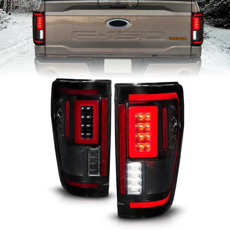 ANZO 21-23 Ford F-150 LED Taillights Seq. Signal w/BLIS Cover - Smoke Blk (For Factory Halogen ONLY) - Lights