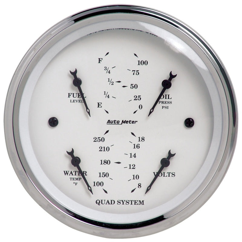 AutoMeter Autometer Old Tyme White 3-3/8in Short Sweep Electric Quad Gauge-Oil Press 0-100 PSI/Water Temp100- - Gauges