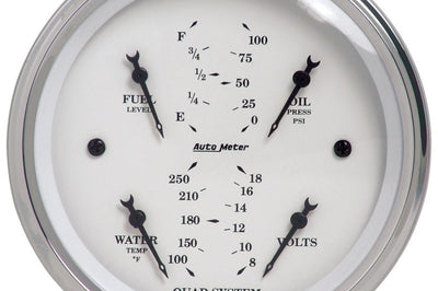 AutoMeter Autometer Old Tyme White 3-3/8in Short Sweep Electric Quad Gauge-Oil Press 0-100 PSI/Water Temp100- - Gauges
