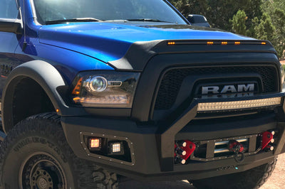 AVS 2009-2018 Dodge Ram 1500 (Excl Sport / Rebel) Aeroskin Low Profile Hood Shield w/ Lights - Black - Deflectors