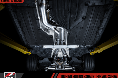 AWE Tuning 2020 Toyota Supra A90 Resonated Touring Edition Exhaust - 5in Chrome Silver Tips - Mufflers &