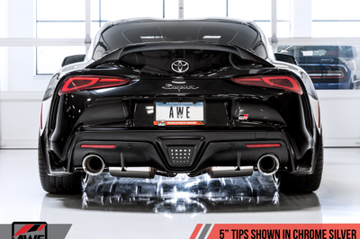 AWE Tuning 2020 Toyota Supra A90 Resonated Touring Edition Exhaust - 5in Chrome Silver Tips - Mufflers &