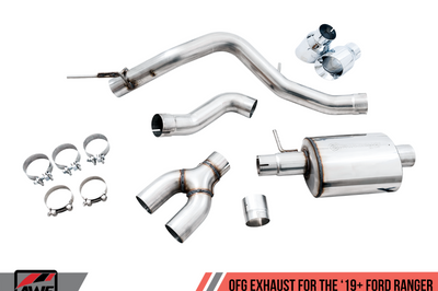 AWE Tuning 2019 + Ford Ranger 0FG Performance Exhaust System w/Chrome Silver Tips & Bash Guard - Mufflers