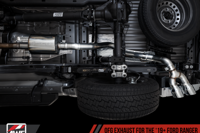 AWE Tuning 2019 + Ford Ranger 0FG Performance Exhaust System w/Chrome Silver Tips & Bash Guard - Mufflers