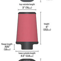 K&N Engineering Universal Clamp-On Air Filter 2-7/16in Flange 4-1/2x3-3/4in Base 3x2in Top 6in Height - Filters