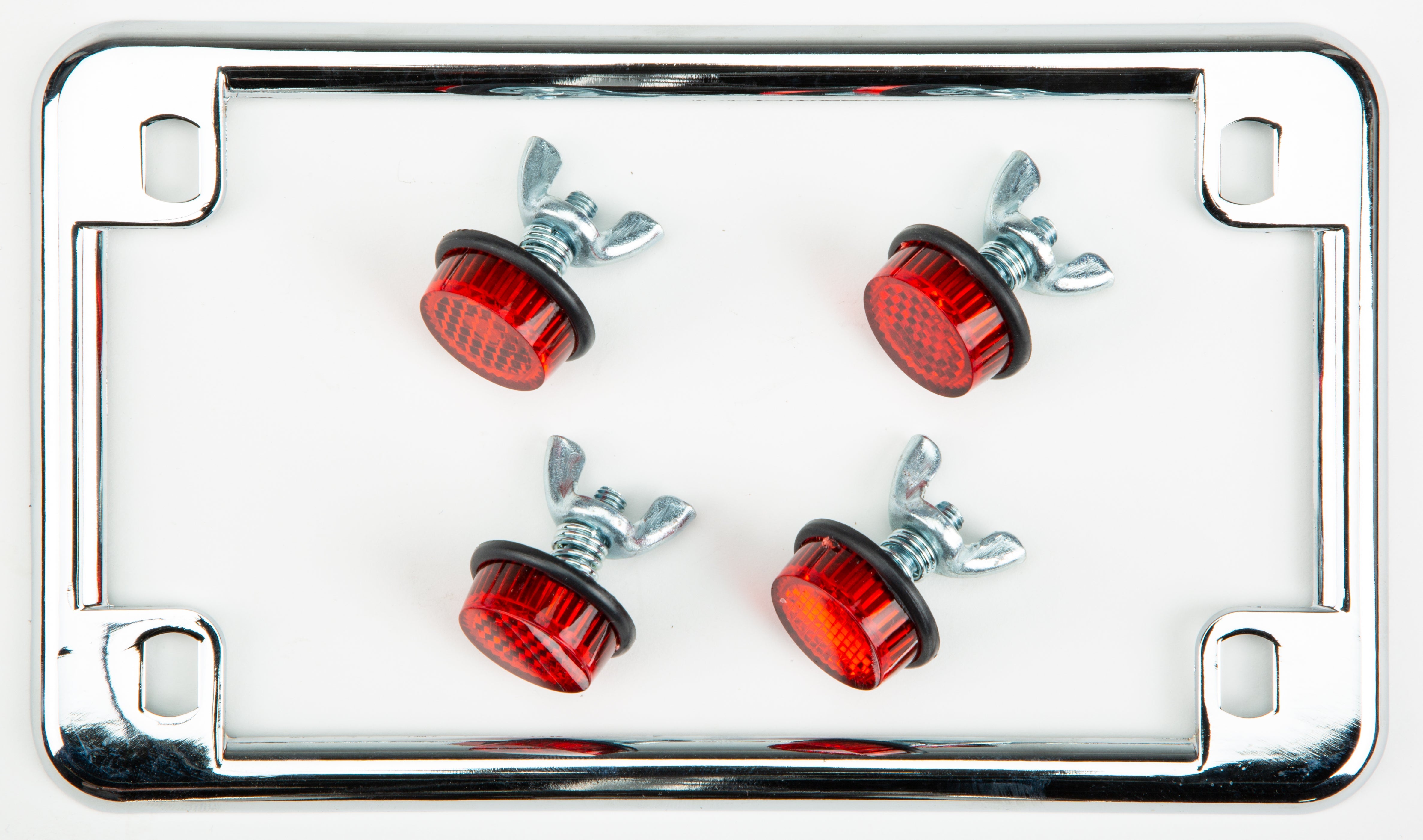 CHRIS PRODUCTS License Plate Frame W/4 Red Reflectors Chrome
