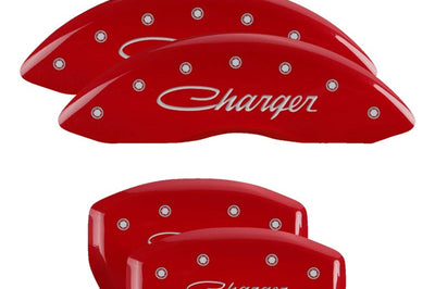 MGP 4 Caliper Covers Engraved Front Cursive/Challenger Rear RT Red finish silver ch - Brakes Rotors & Pads