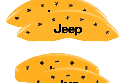 MGP 4 Caliper Covers Engraved Front & Rear 11-15 Jeep Grand Cherokee Yellow Finish Black Logo - Brakes Rotors Pads