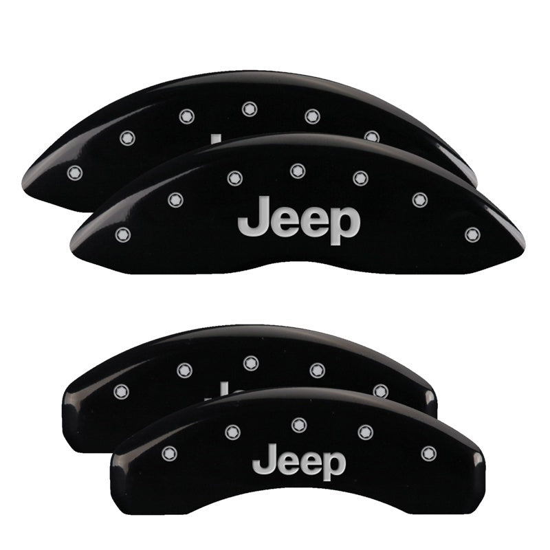 MGP 4 Caliper Covers Engraved Front & Rear 11-18 Jeep Grand Cherokee Black Finish Silver Logo - Brakes Rotors Pads