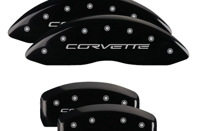 MGP 4 Caliper Covers Engraved Front & Rear C6/Corvette Black finish silver ch Brakes Rotors Pads
