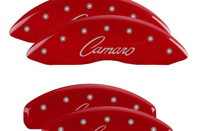 MGP 4 Caliper Covers Engraved Front & Rear Cursive/Camaro Red finish silver ch - Brakes Rotors Pads
