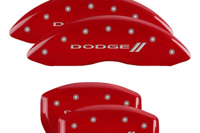 MGP 4 Caliper Covers Engraved Front & Rear With stripes/Dodge Red finish silver ch - Brakes Rotors Pads