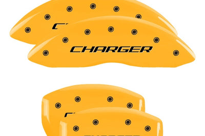 MGP 4 Caliper Covers Engraved Front & Rear With stripes/Dodge Red finish silver ch - Brakes Rotors Pads