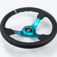 NRG Reinforce Steering Wheel (350mm / 3in. Deep) Blk Leather Teal Center Mark w/ Stitching - Interior Accessories