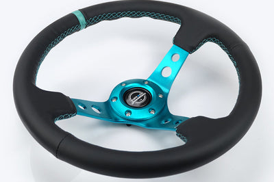 NRG Reinforce Steering Wheel (350mm / 3in. Deep) Blk Leather Teal Center Mark w/ Stitching - Interior Accessories