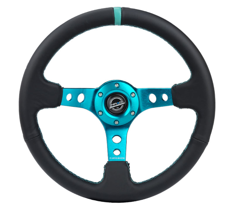 NRG Reinforce Steering Wheel (350mm / 3in. Deep) Blk Leather Teal Center Mark w/ Stitching - Interior Accessories