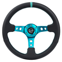 NRG Reinforce Steering Wheel (350mm / 3in. Deep) Blk Leather Teal Center Mark w/ Stitching - Interior Accessories
