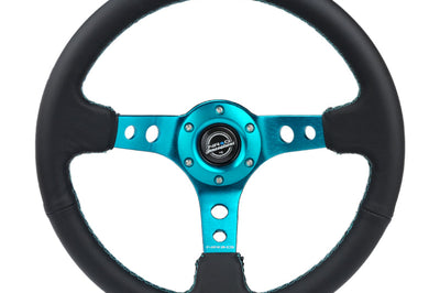 NRG Reinforce Steering Wheel (350mm / 3in. Deep) Blk Leather Teal Center Mark w/ Stitching - Interior Accessories
