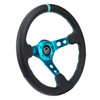 NRG Reinforce Steering Wheel (350mm / 3in. Deep) Blk Leather Teal Center Mark w/ Stitching - Interior Accessories